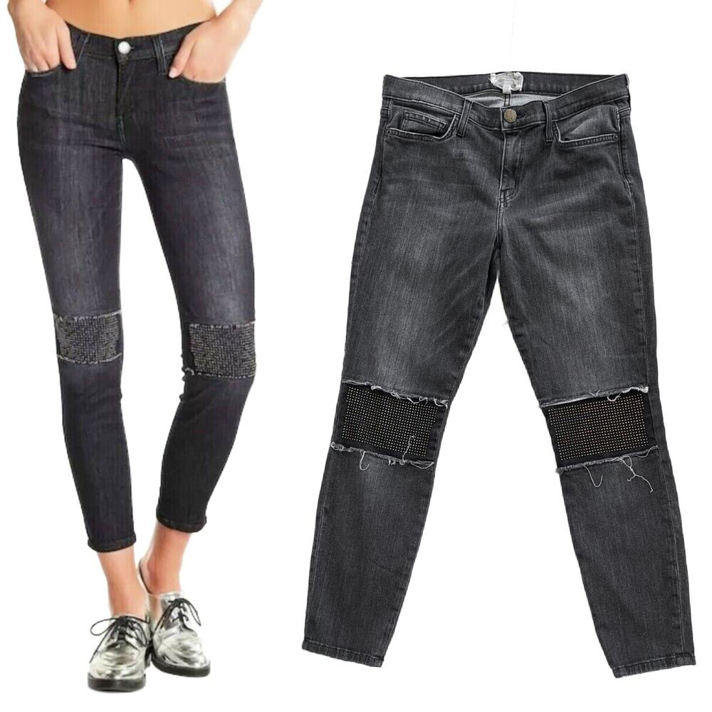 Current/Elliott Stiletto Studded Knee Raw Patches Skinny Jeans Montrose Size 31